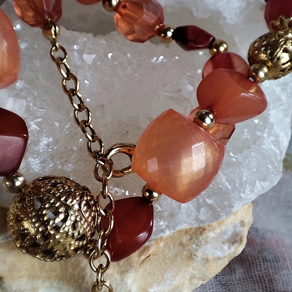 Robert Rose Signed Acrylic Tumbled Stones Gold Filigree Beads Choker Necklace - Picture 5 of 14